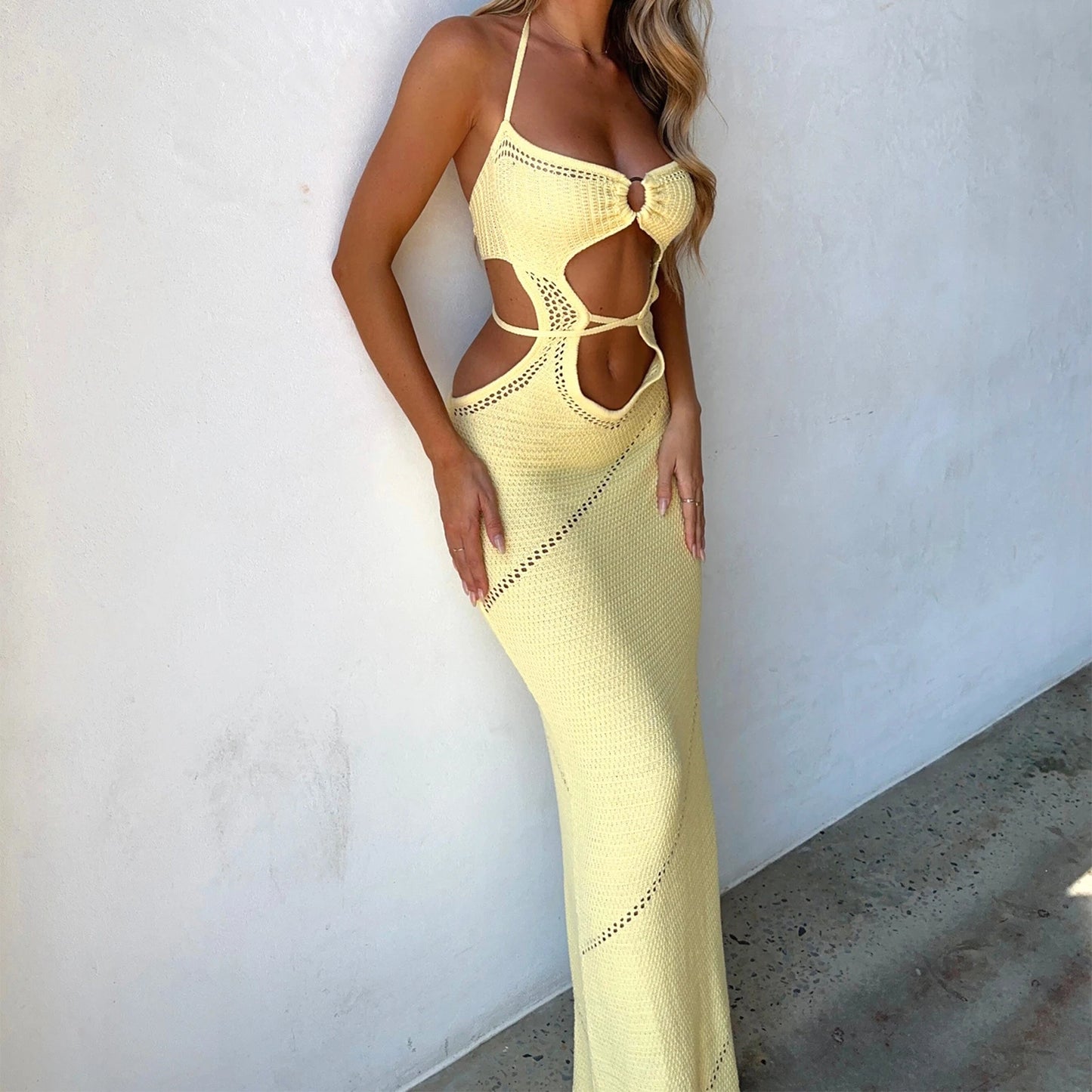 Women's Sleeveless Knit Long Solid Color Halter Front Cutout Back Tie-Up Dress