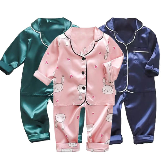 Korean version of childrens pajamas set silk satin long sleeve top+trousers two -piece male baby girl cartoon solid color set