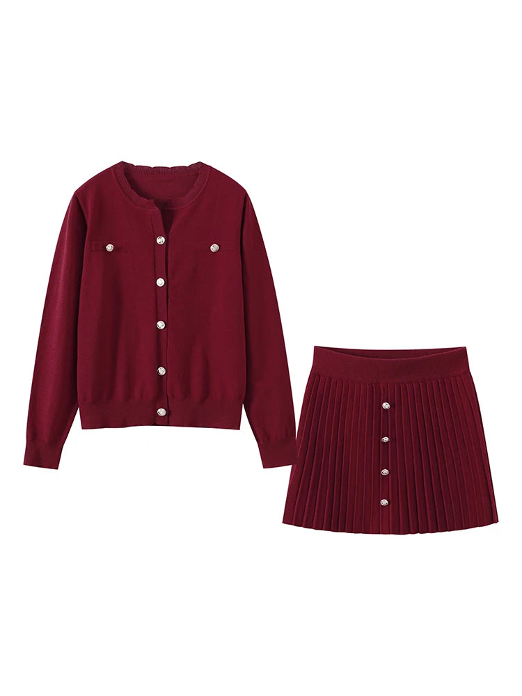 Elegant Button Coat Mini Skirt Women Set Slim Burgundy Red O-neck Single Breasted Top Skirts Sets 2024 Autumn New Lady Outfits