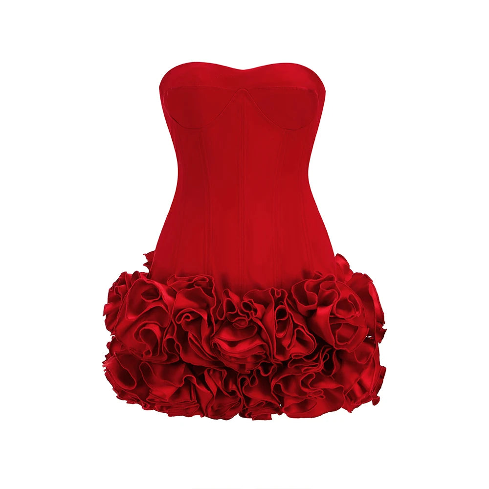 Red Color Women Sexy Strapless Ball Gown Mini Fashion Celebrity Nightclub Party Dress Birthday Cocktail Girls' Outfit