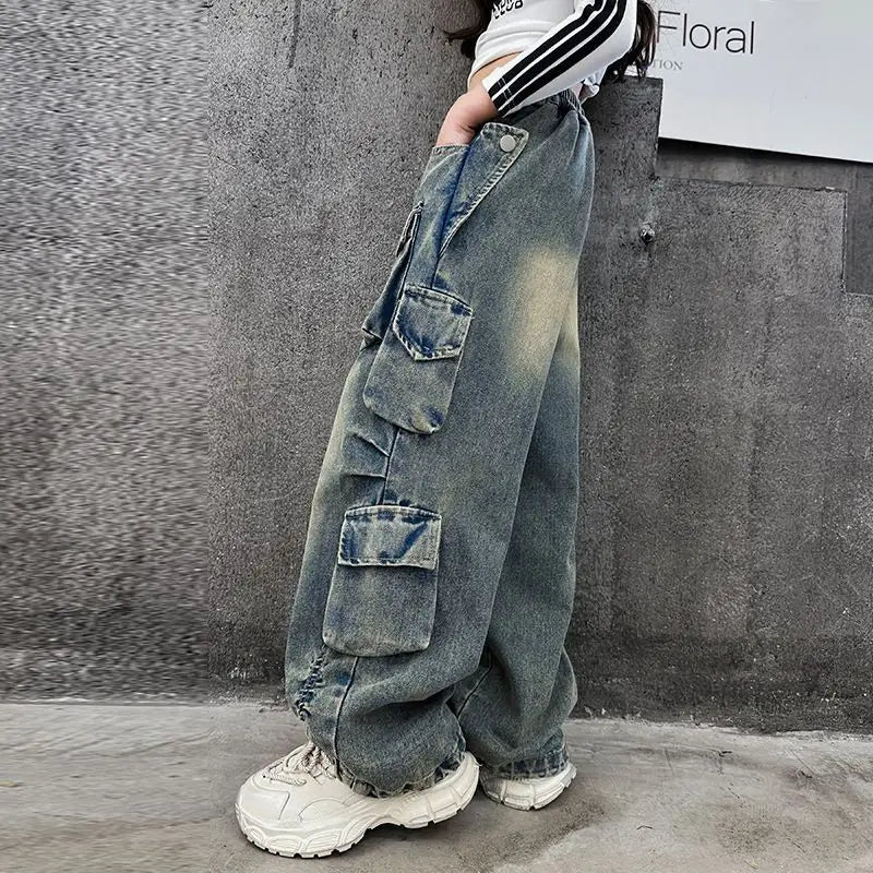 Cargo Jeans Elastic Waist Teenage Children Wide Leg Pants Design Streetwear