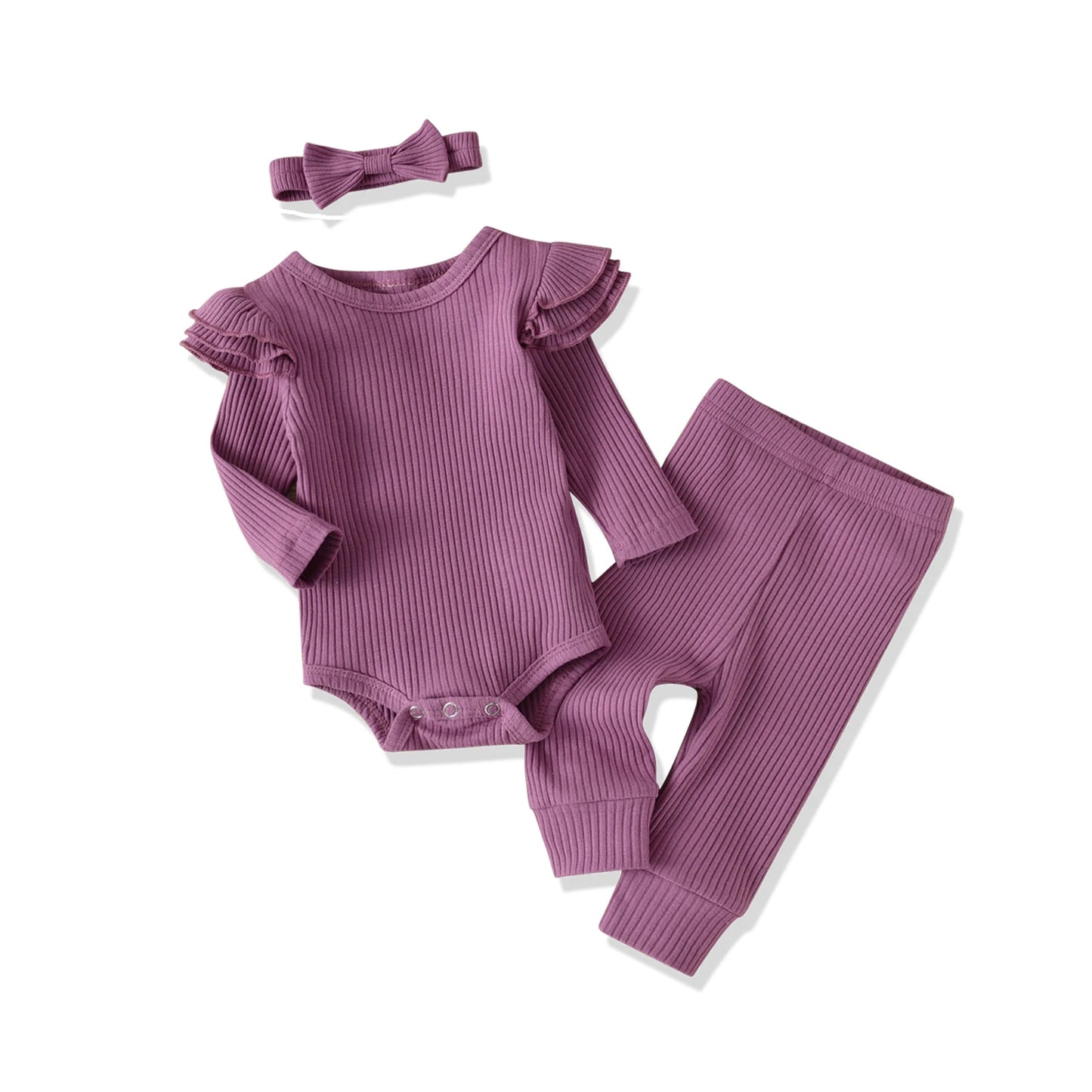 3pcs Newborn Baby Girl Casual Clothes Set Ruffles Knitted Long Sleeve Bodysuit + infant Pants + Headband Solid Color Outfits