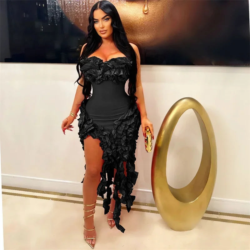 Elegant Ruffles Tassel Birthday Dress for Women 2024 Night Party Celebrity Irregular Strapless Sleeveless Evening Long Dresses