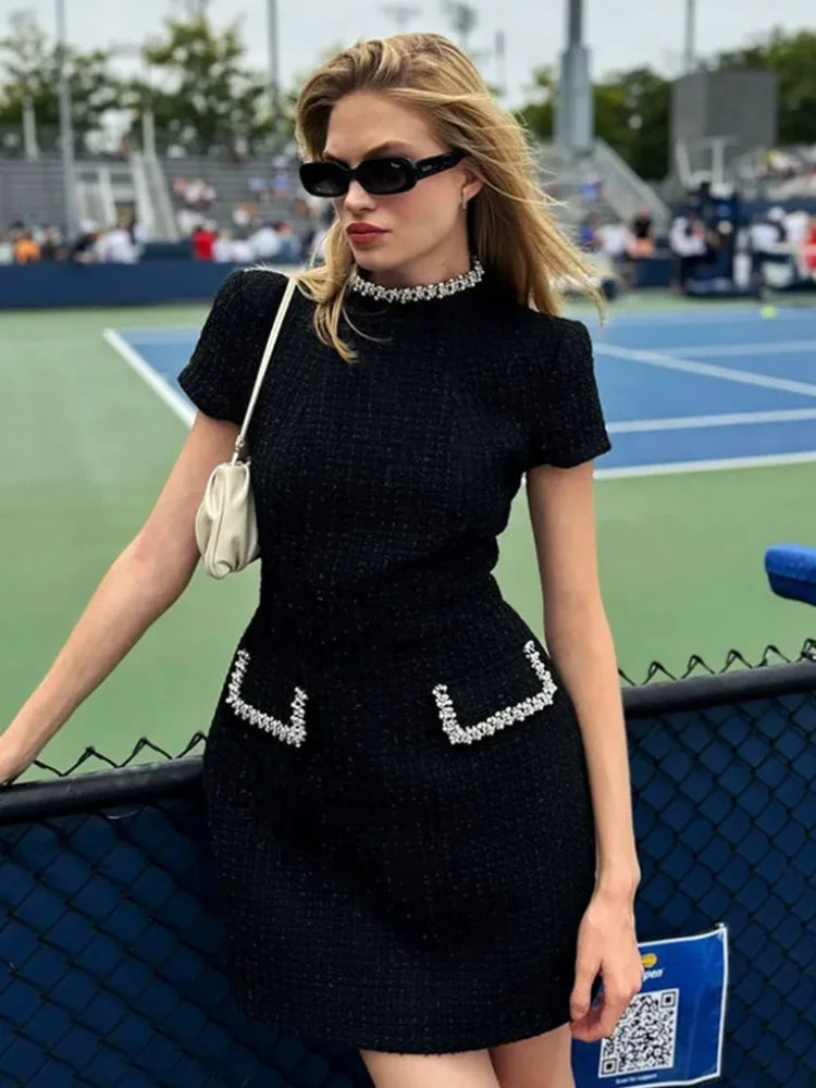 Women Elegant Square Collar Dress Slim Shoulder Pad High Waist Short Sleeve Dresses 2024 Autumn Commuting Office Style Vestidos