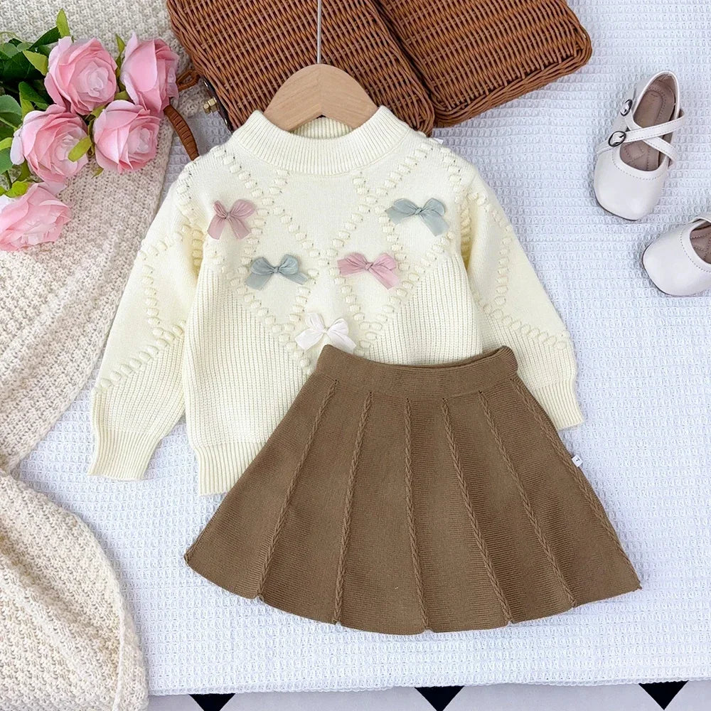 Winter Cute Bow Tie Sets Round Neck Long Sleeved Sweater+A-line Skirt Two-piece Sets Korean Version College Style Girls Clothes