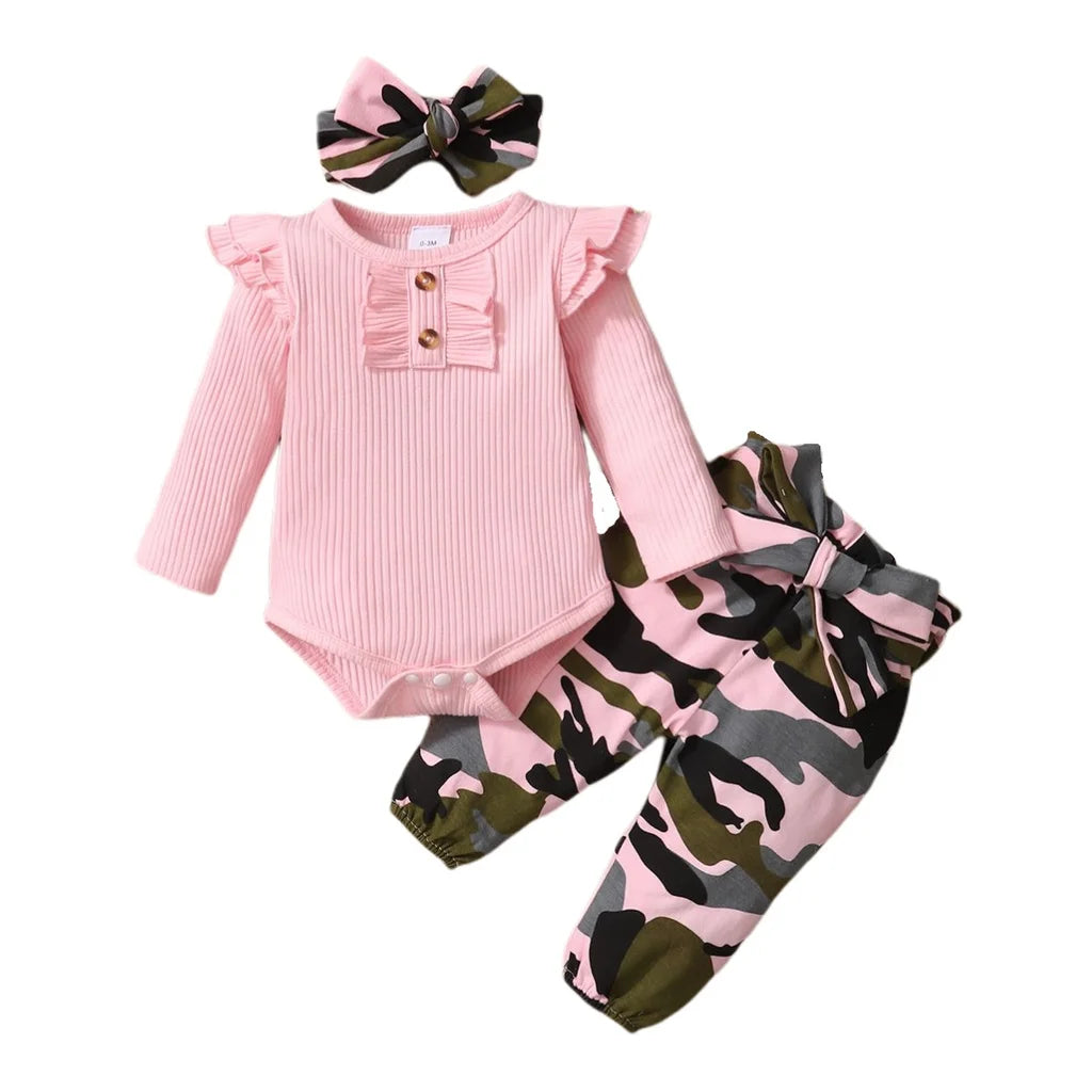 Baby Girl Clothes Set Infant Girl Long Sleeve Bodysuit + Camouflage Pants + Headband Cotton Clothing Suit