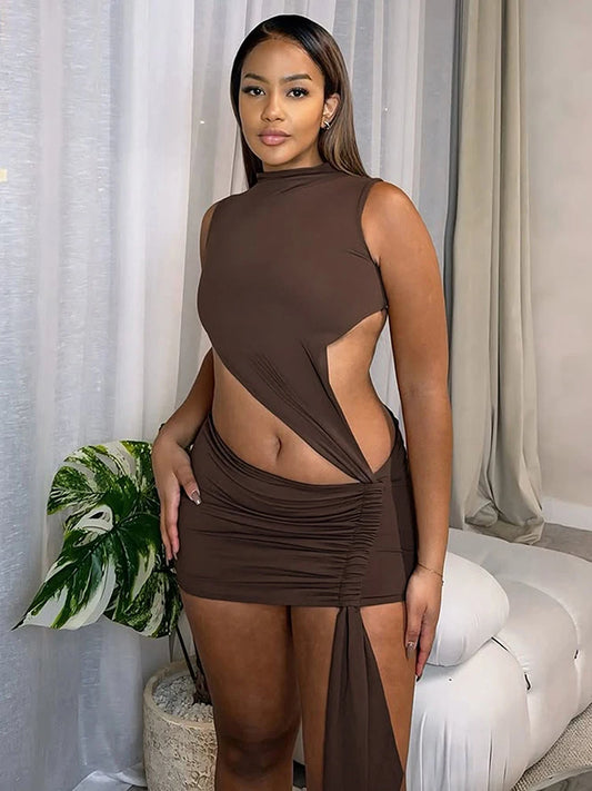 Brown Siren Ruched Tassel Hollow Bodycon Mini Dress