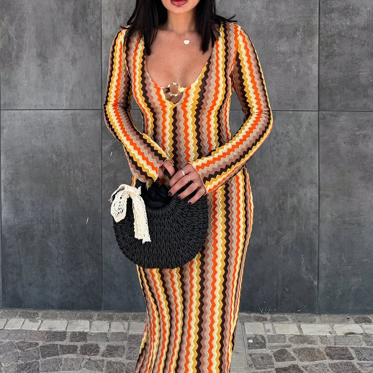 Waves & Whimsy – Elegant Vacation Maxi Dress with Flare Sleeves and Sultry V-Neckline
