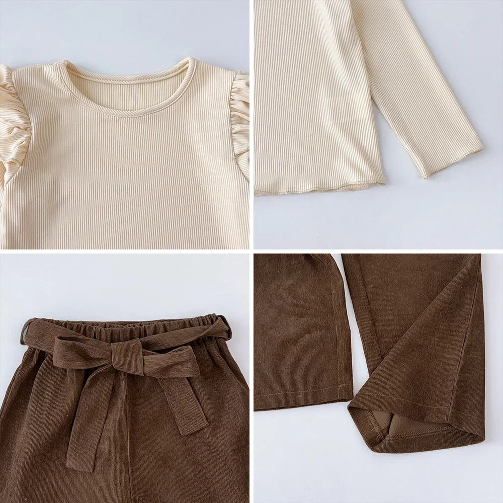 Long Sleeved Round Neck Top+brown Long Pants Children's Two-piece Sets