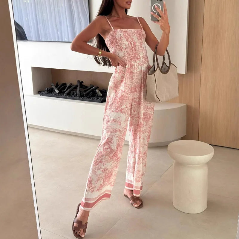 Vintage Pattern Print Straight Jumpsuit Women Sexy Slash Neck Suspender Playsuit Romper 2025 Summer Sleeveless Wide Leg Overalls