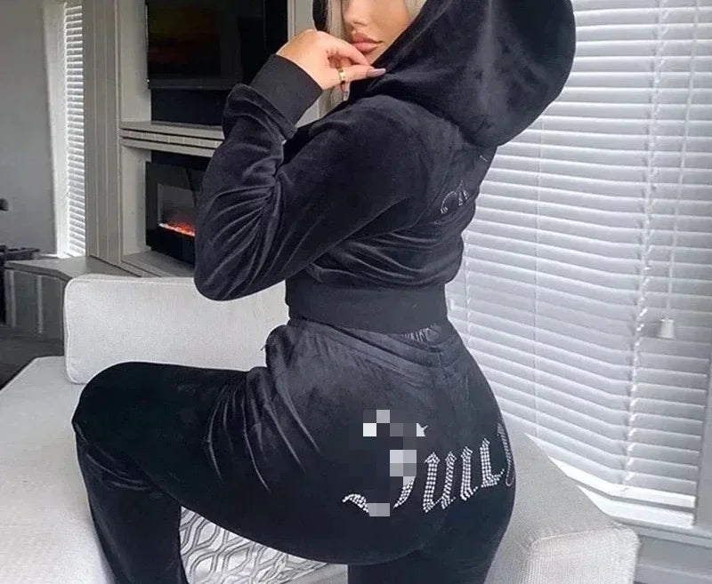 Rhinestone Logo Tracksuit Women Autumn Activewear Juicy Bling Velour Long Sleeve Hoodie Jacket+Track Pants Two Piece