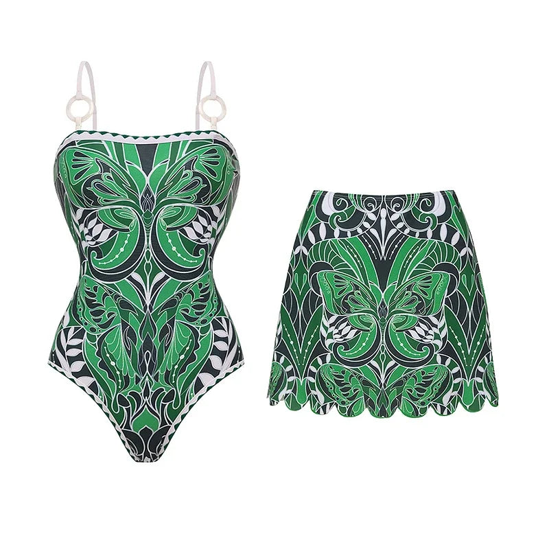 Flaxmaker 2025 Summer Bikini Set Vintage Butterfly Printed One Piece Swimsuit and Skirt Women Sleeveless Swimming Beachwear