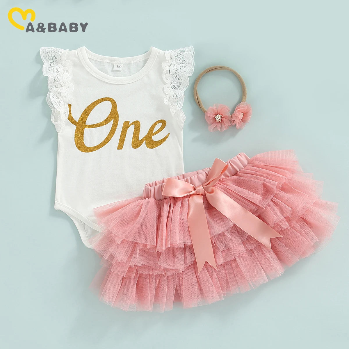 ma&baby 0-18M 1st Birthday Baby Girl Clothes Set Infant Newborn Toddler Letter Romper Ruffle Tulle Skirts Headband Outfit Summer