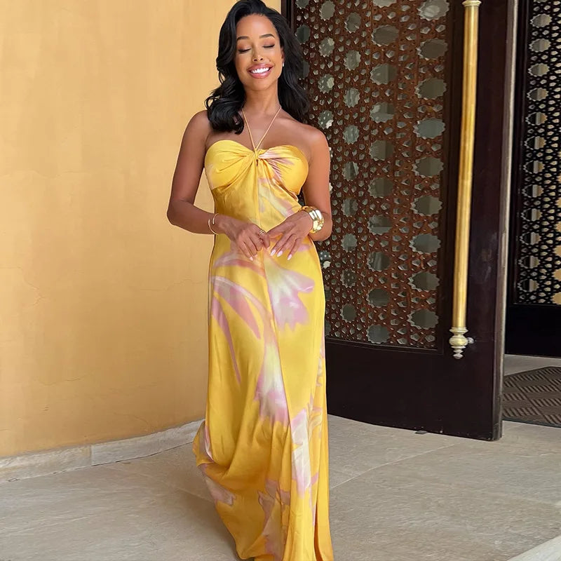 Women's Floral Halter neck Strappy Strapless Backless Long Dress
