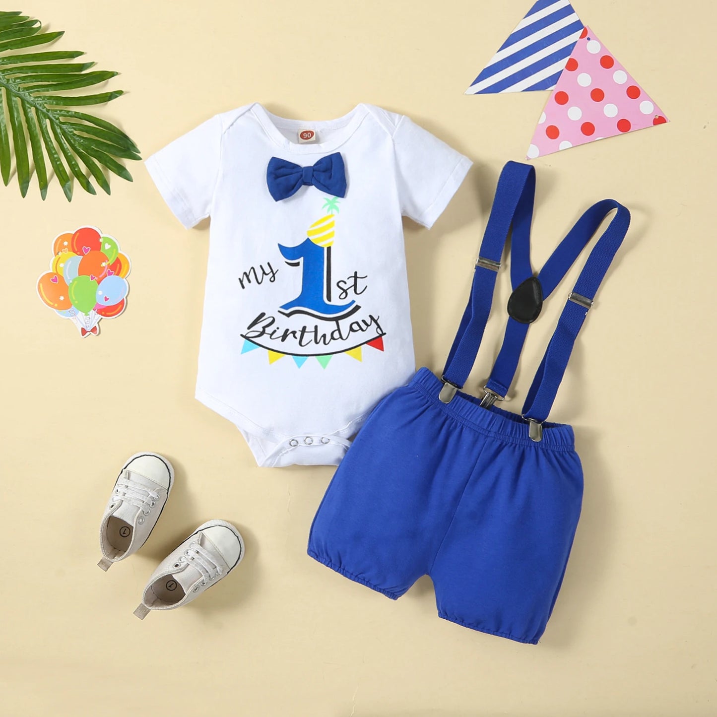 Baby Boys Birthday Outfits Sets Balloon Letter"1" Bodysuit and Y-back Suspender Shorts 1 Year Birthday Baby Cake Smash Clothes