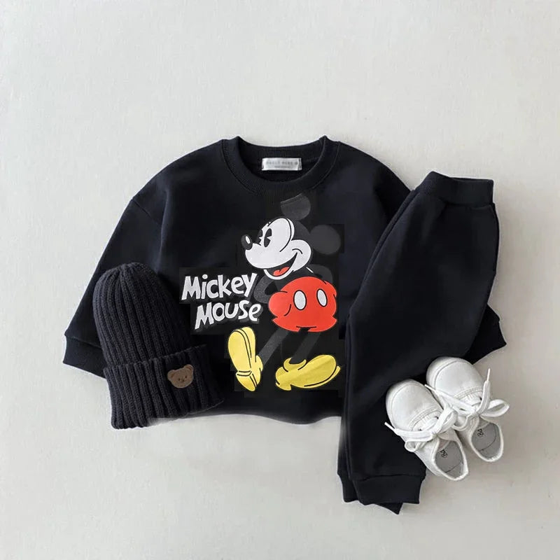 Mickey Mouse Printed Sweatshirts Sets Child New Style O-neck Hoodies +Trousers Baby Boys Casual Fashion Cartoon Gray Tracksuits