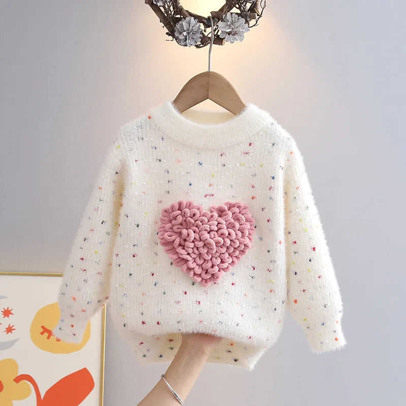 Children Autumn Winter Knitwear Love Heart O-Neck Pullovers Loose Colorful Spot Sweater