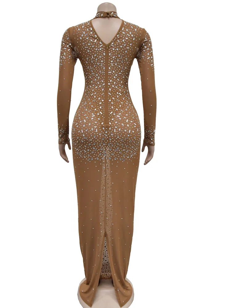 Rhinestones Décor Long Maxi Dress Glam See-Through Mesh Crystal Night Out Dress Birthday Outfits Vestido