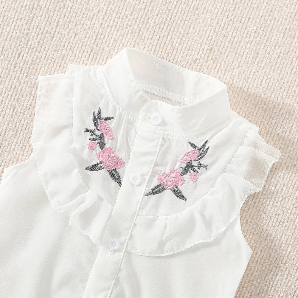 Baby Girl Cotton Flower Embroidery Sleeveless Top And Shorts Two-Piece Set Of Cute Girl Shirt Top And Sho