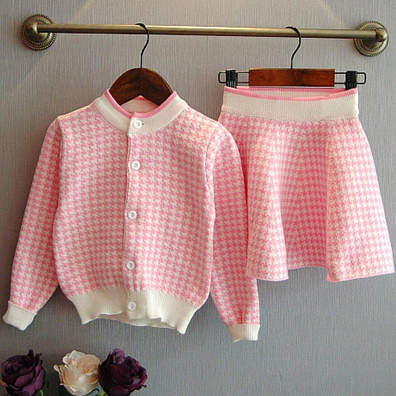 Girl Pink Plaid Sweater Sets Winter Kids Cardigan Sweater Baby Girl Toddler Clothing