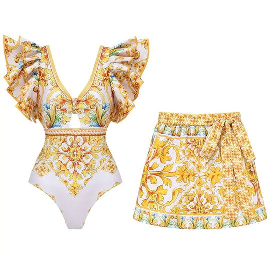 Golden Riviera Luxe Ruffle V-Neck One-Piece & Chic Shorts Beachwear Co-Ord