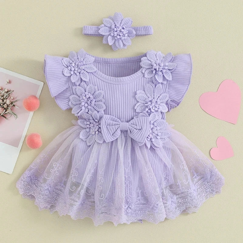 Baby Girls Princess Mesh Lace Patchwork Ruffle Bodysuit Dress Headband