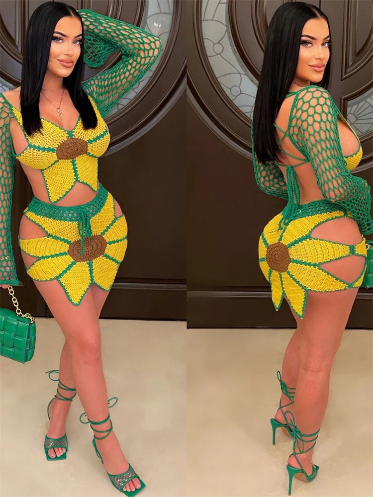 Crochet Sunflower Backless Hollow Tops+Skinny Skirt Beach Party Summer Trend Matching Suits