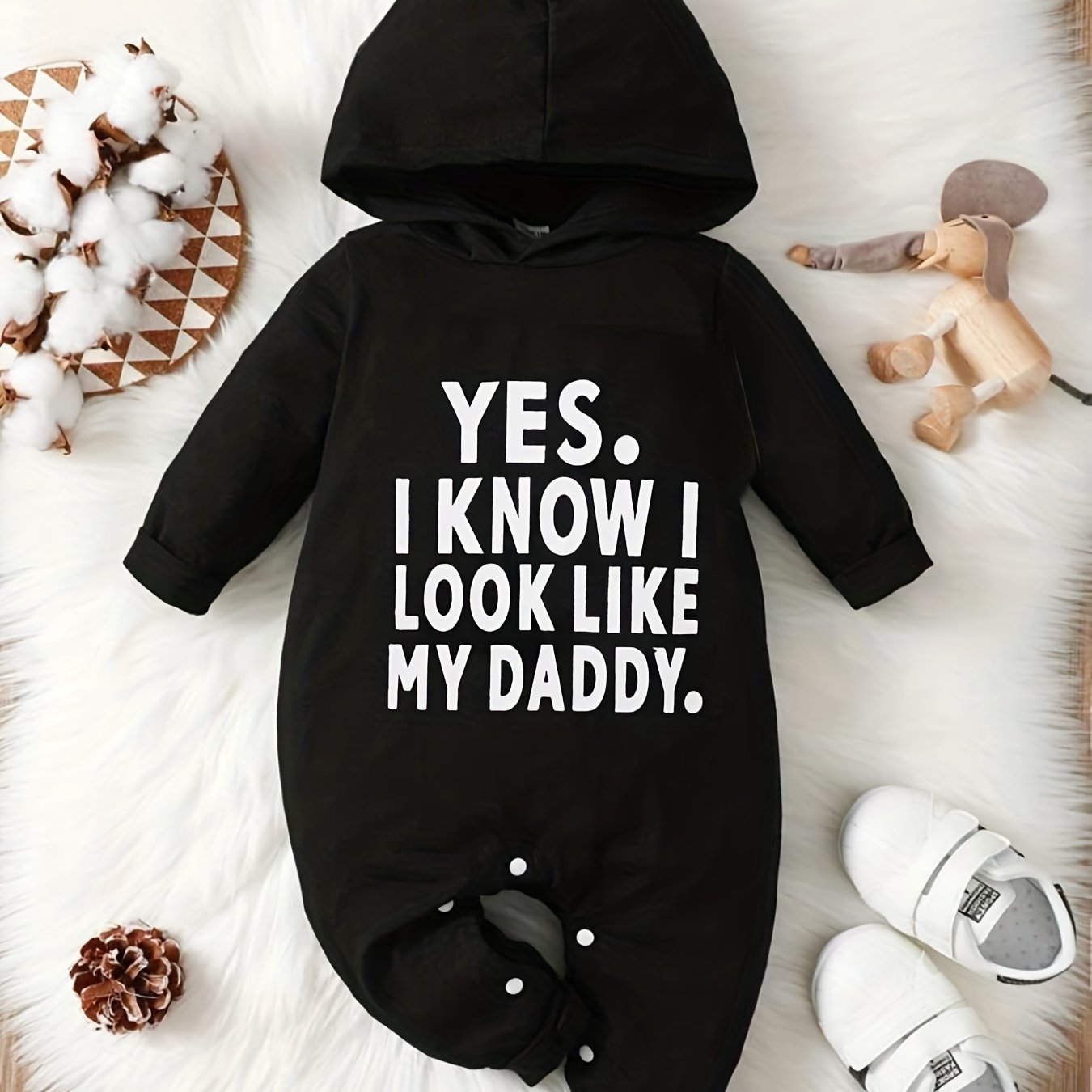 Baby's "Yes I Know I Look Like My Daddy" Print Hooded Onesies For Fall Winter Indoor And Outdoor Wear