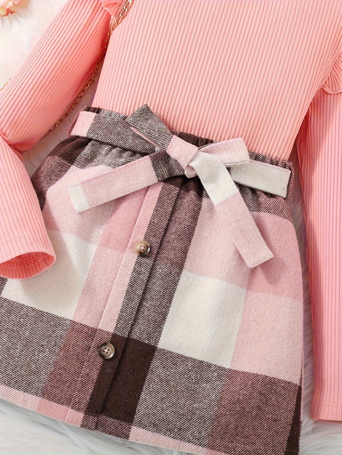 Girls 2pcs Set, Cute Ribbed Knit Top with Plaid Skirt