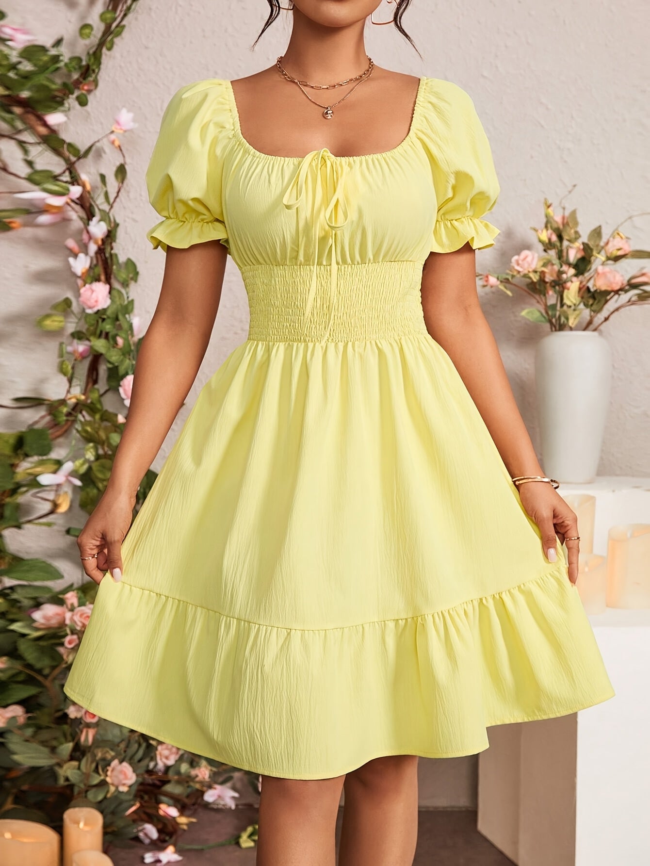 Women's Tie-Back Bubble Sleeve Ruffled Hem Dress