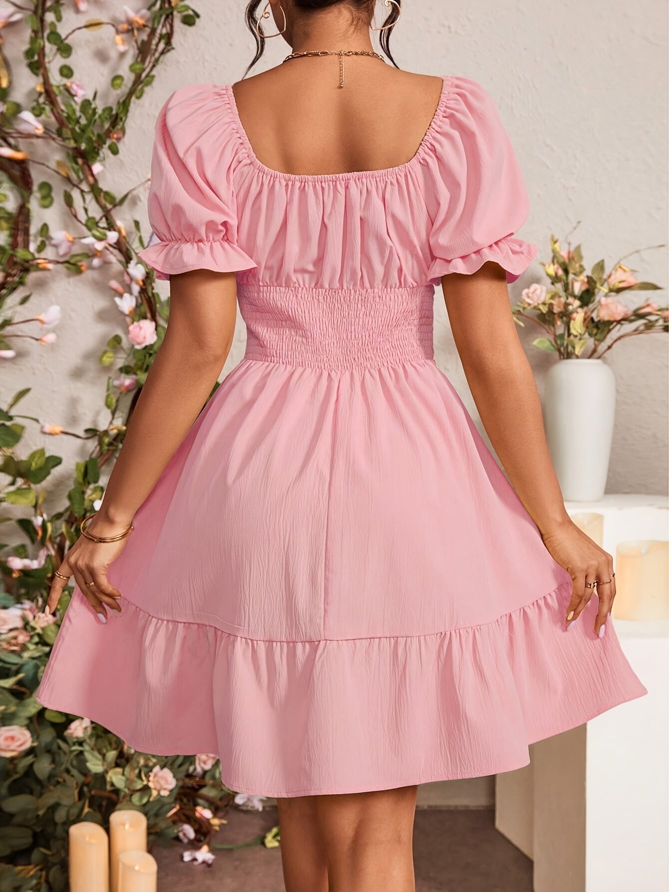 Women's Tie-Back Bubble Sleeve Ruffled Hem Dress