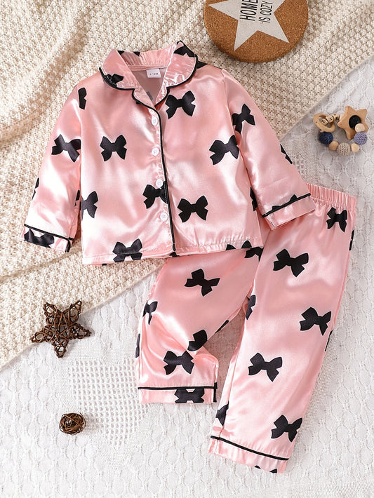 Baby Girl's Elegant Pajama Set, Cute Bow Print Lapel Long Sleeve Shirts & Trousers