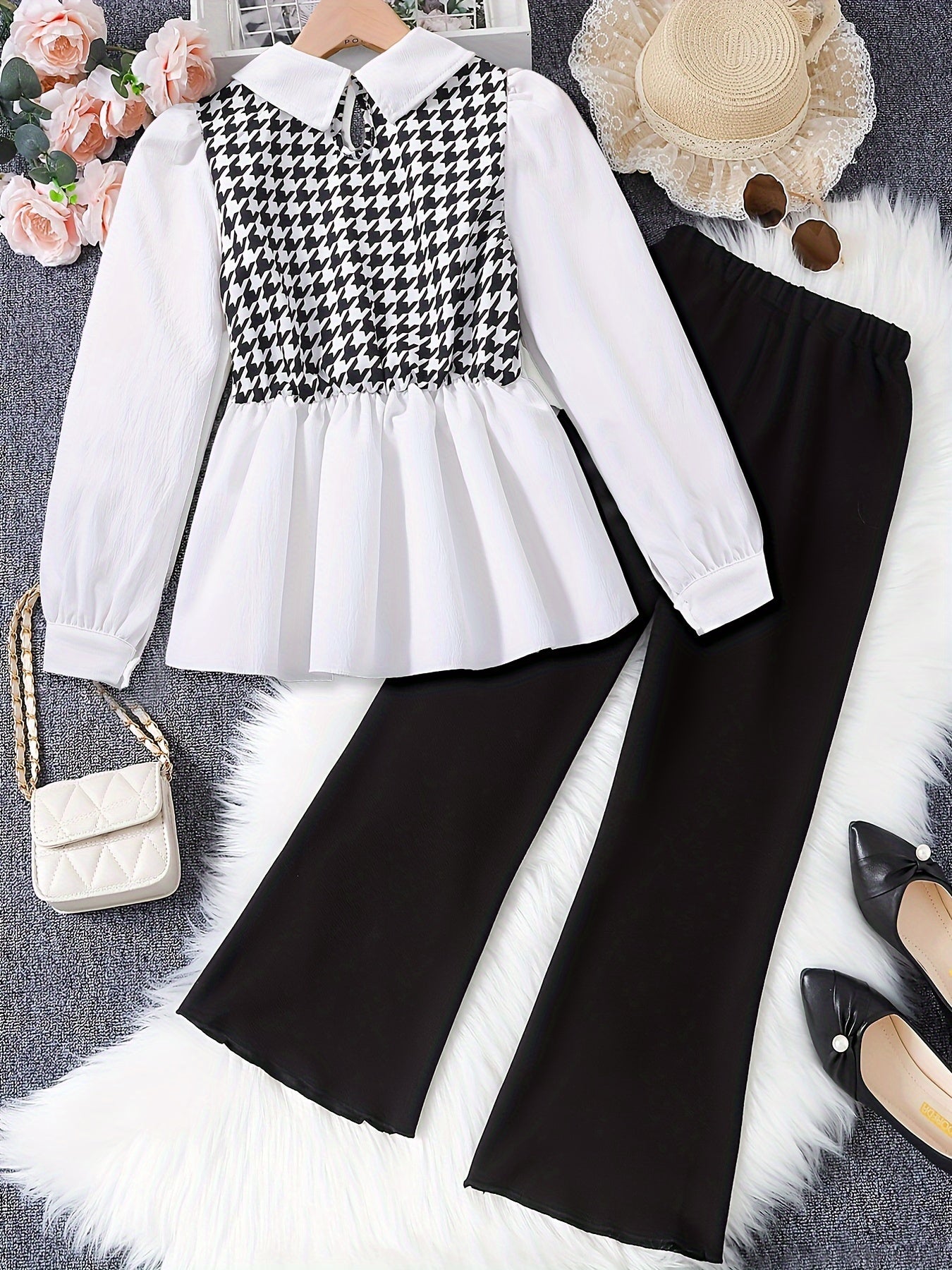 Stylish Outfit, Long Sleeve Lapel Collar Houndstooth Pattern Peplum Top & Solid Black Wide Leg Pants