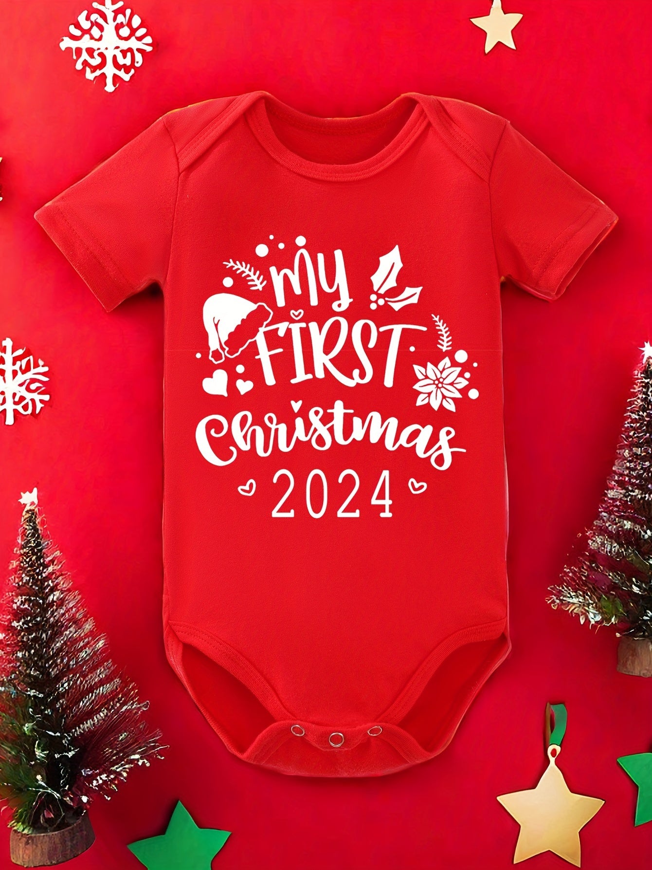 Baby's "2024 My 1st Christmas" Print Casual Cotton Short Sleeve Triangle Bodysuit