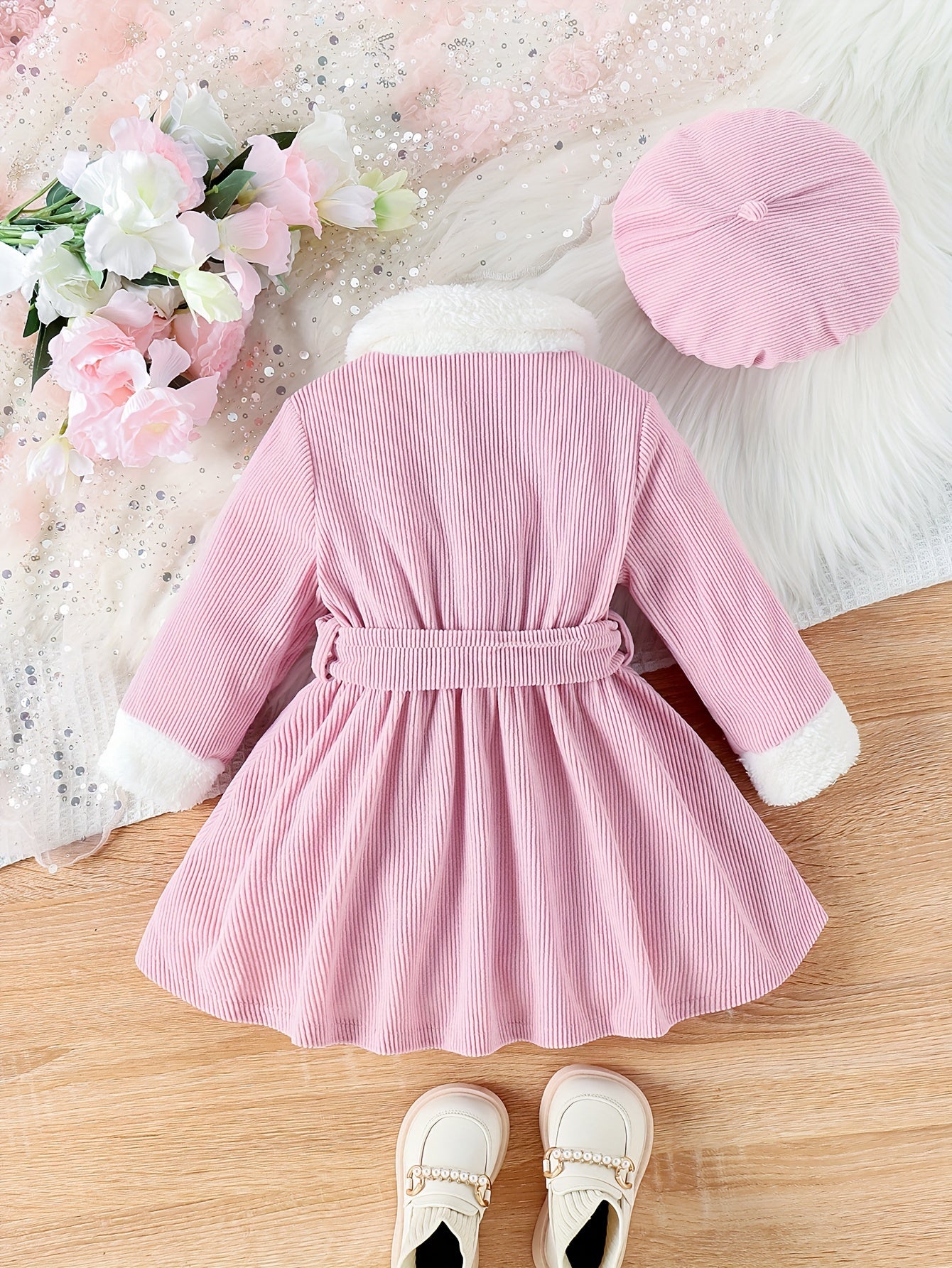 Baby's Elegant Fuzzy Collar Corduroy Long Sleeve Dress + Hat + Belt, Infant