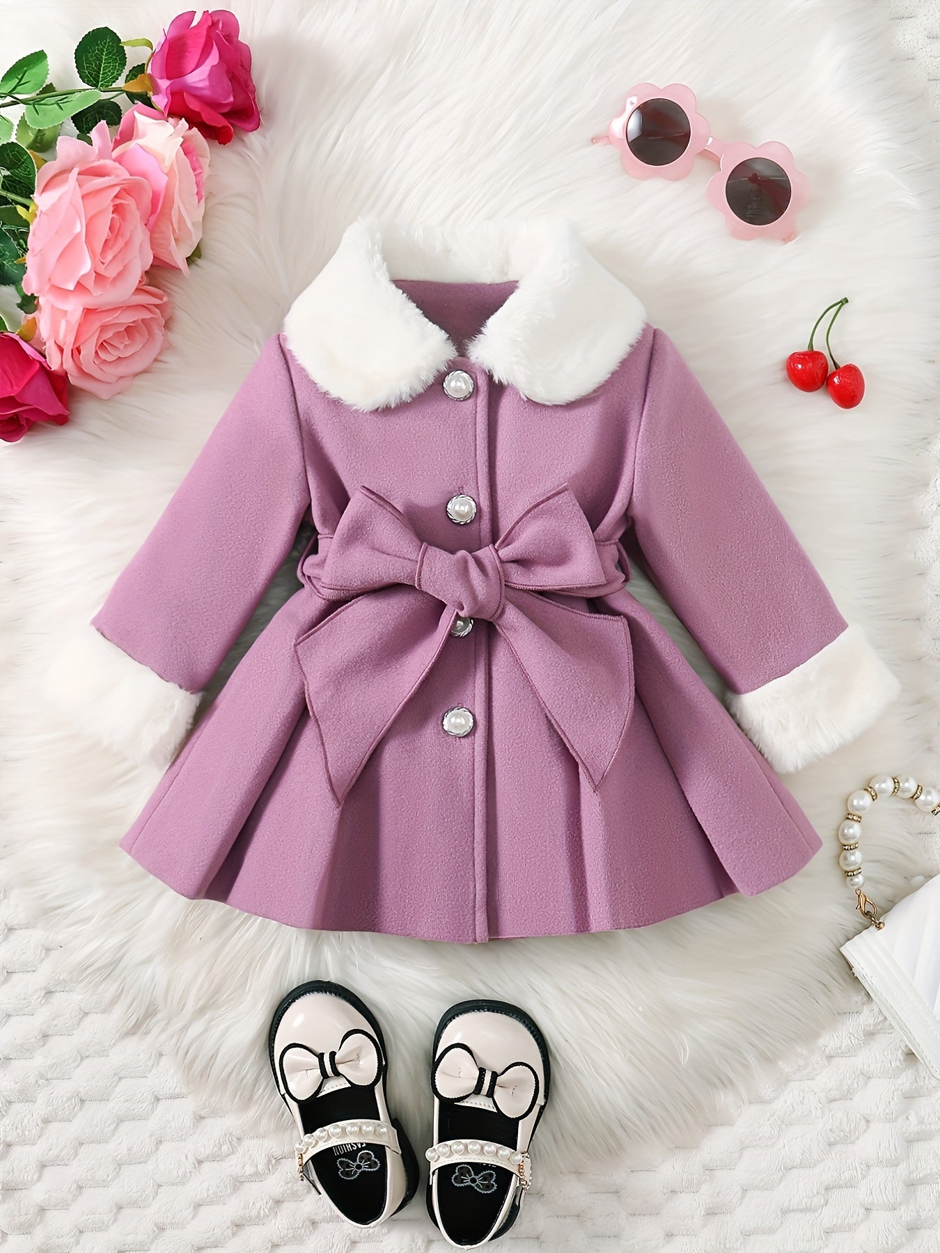 Baby's Elegant Fuzzy Collar Belted Coat, Button Front Warm Overcoat