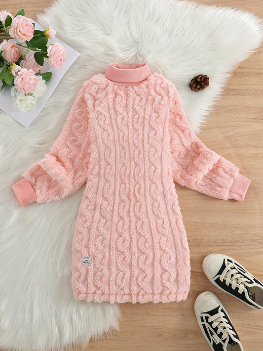 Girls Winter Thickened Fleece Turtleneck Dress