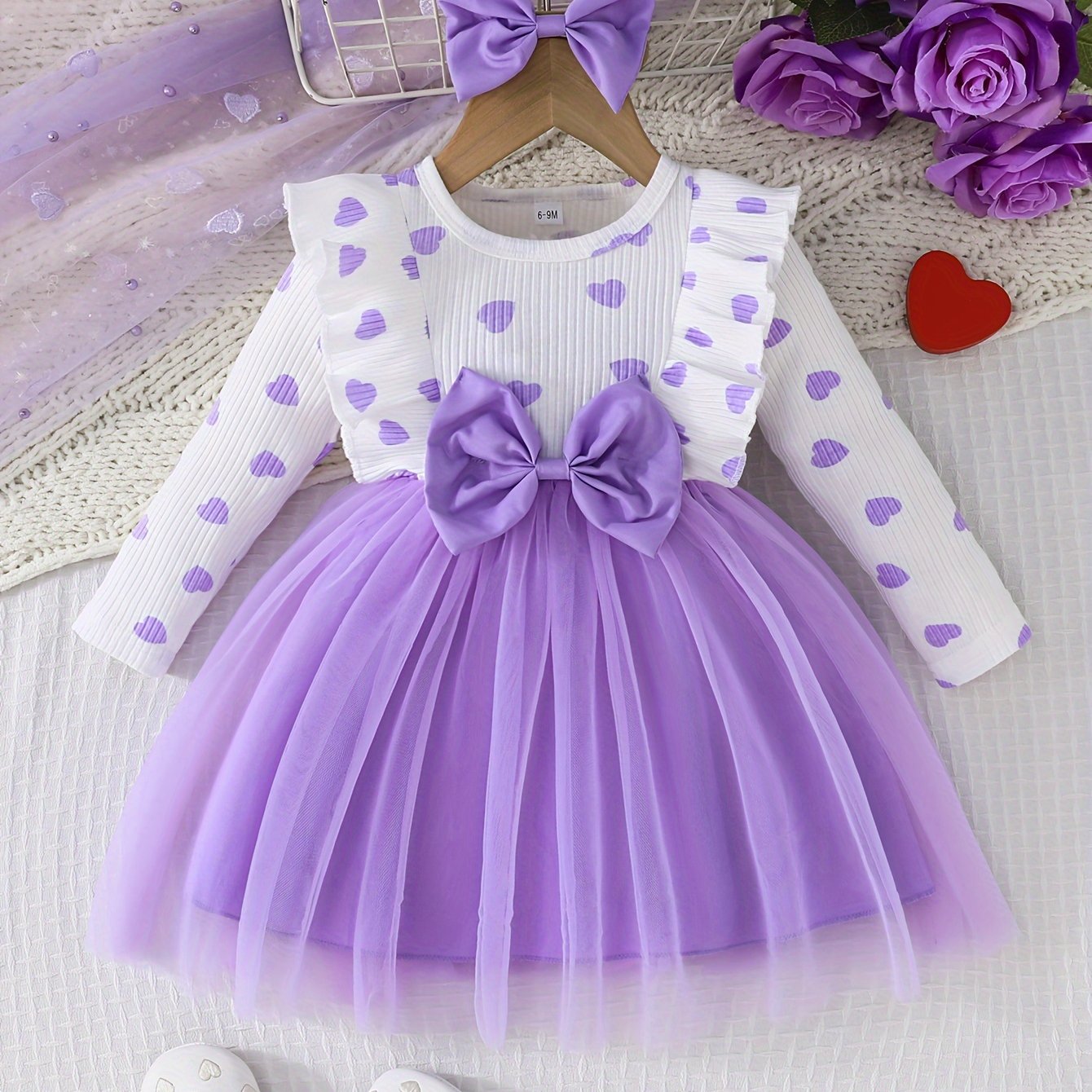 Girls' Cute Heart Pattern Long Sleeve Tulle Dress with Bow Headband