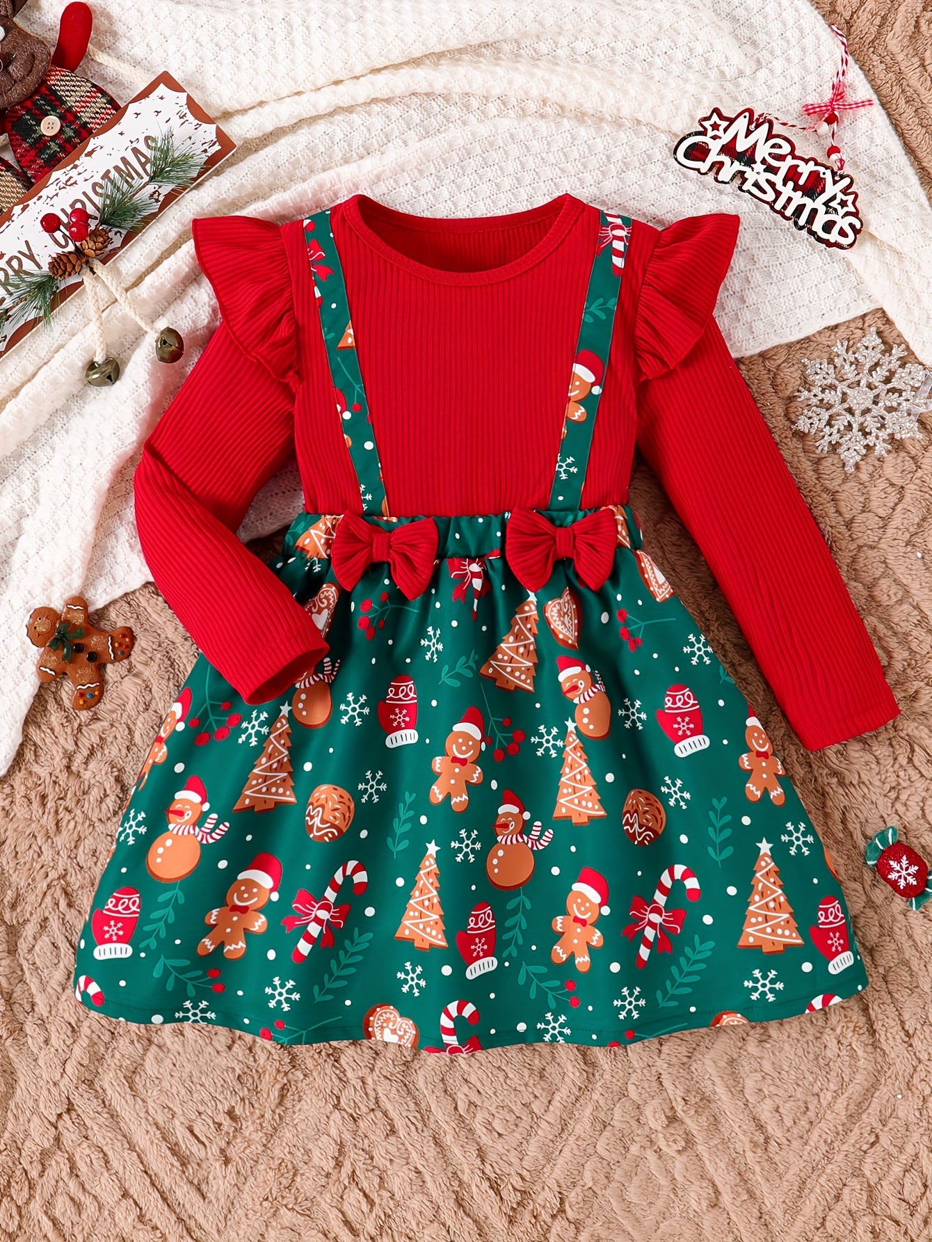 Girls' Festive Christmas Dress with Ruffle Trim & Bow