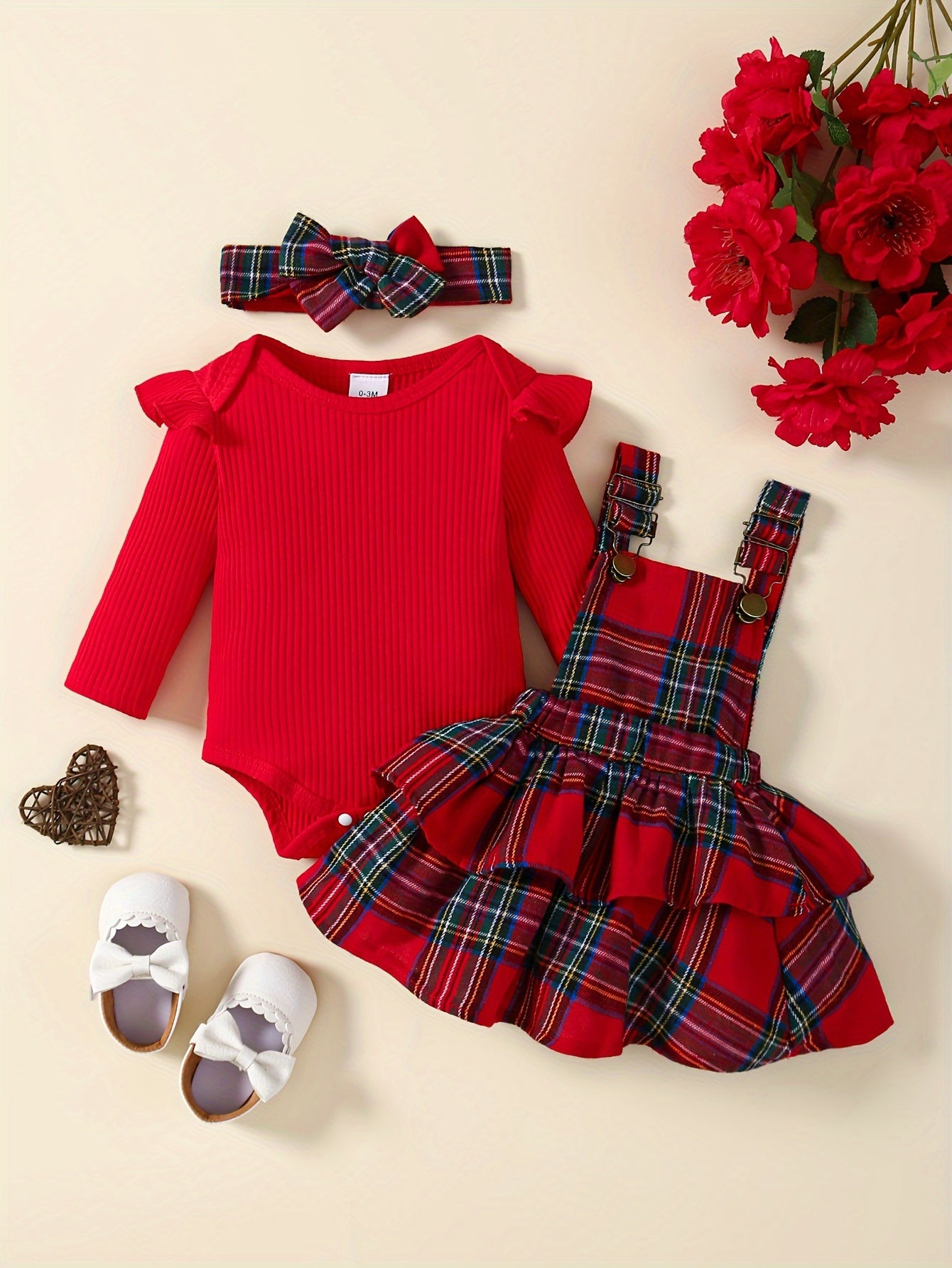 Baby's  Overall Dress + Ruffled Bodysuit + Hairband, Toddler & Infant Girl's Clothing Set