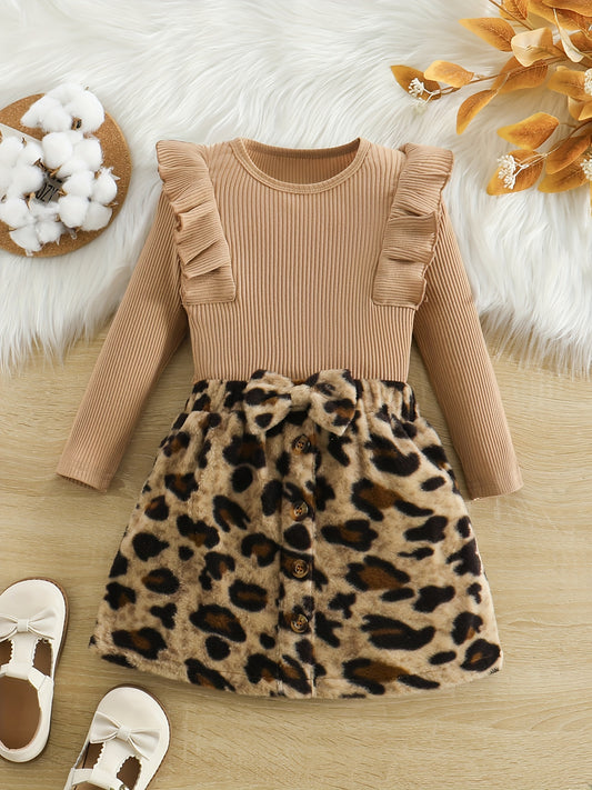 Ruffle-Trim Long Sleeve Top & Leopard Print Skirt with Floral Accents