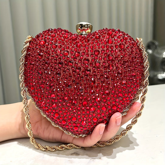 Glamorous Red Heart-shaped Clutch Bag With Diamonds Ladies' Handbags