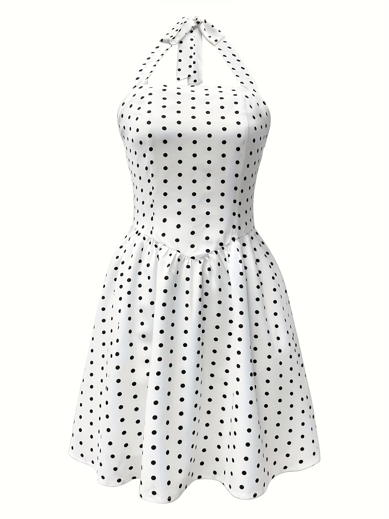 Print Polka Dot Halter Dress for Women - Backless A-Line Mini with Ruffled Hem, Machine Washable Polyester, White & Black Design, Perfect for Spring/Fall, Spring Fashion Wear | Chic Mini Dress | Nonstretch Dress, Cute Dresses