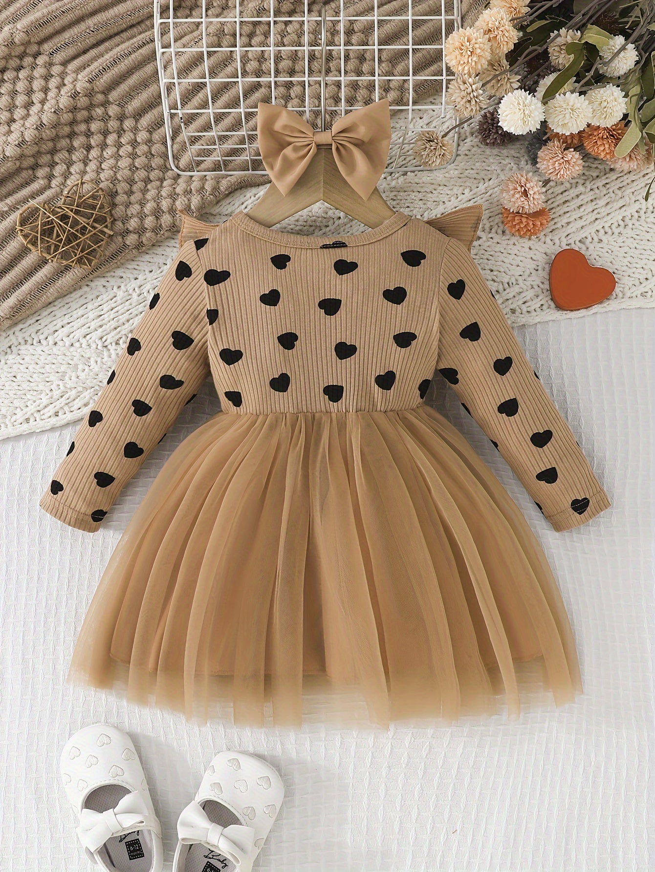 Girls' Cute Heart Pattern Long Sleeve Tulle Dress with Bow Headband