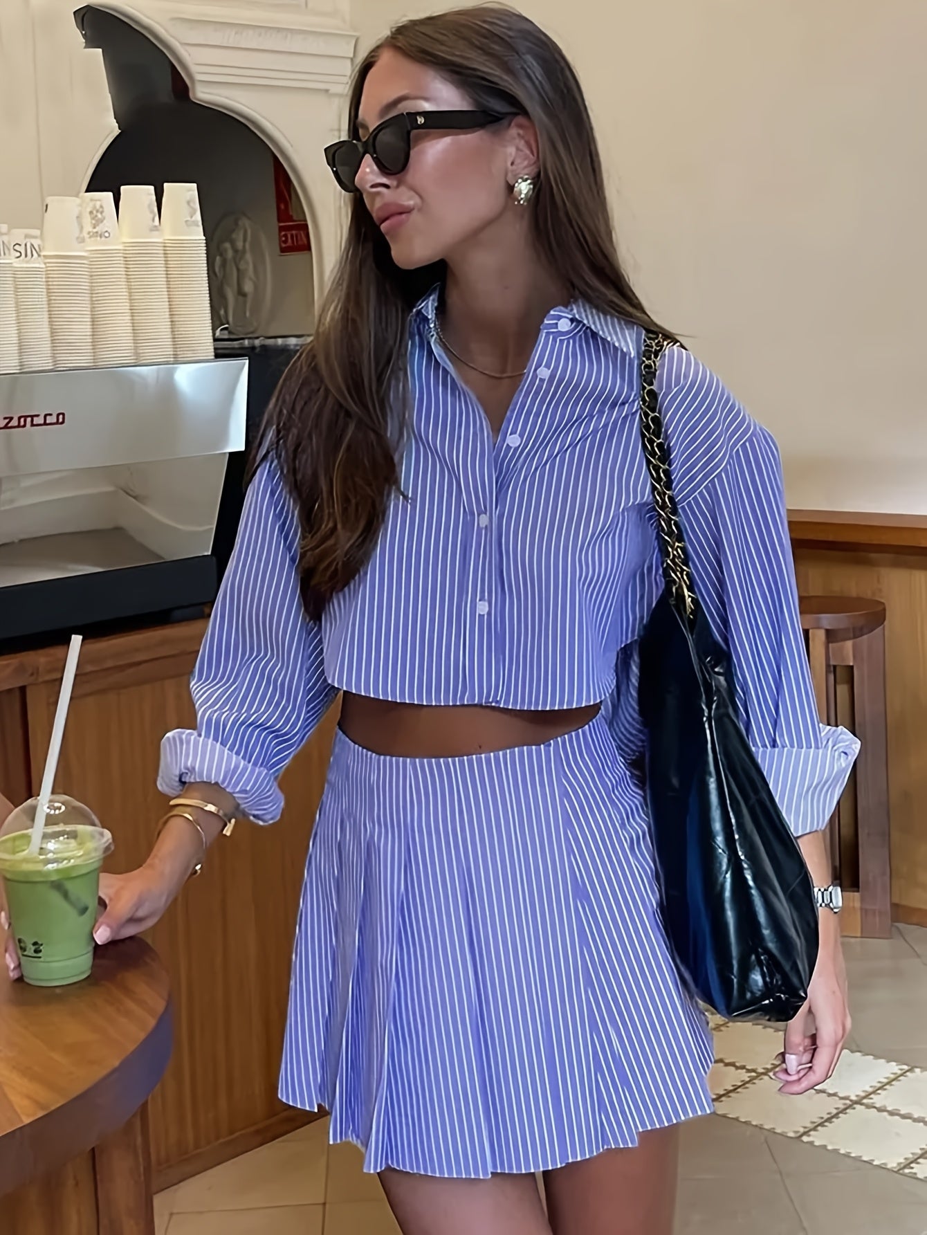 The Modern Pleat Blue Striped Print Set