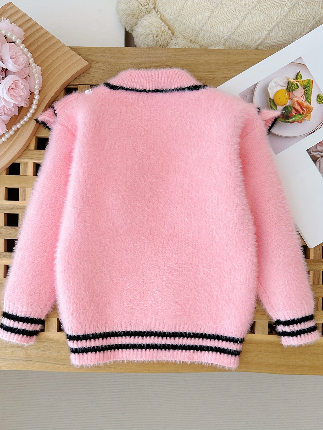 Elegant Crew Neck Kids Pullover Sweater with Ruffle Detail and Bow