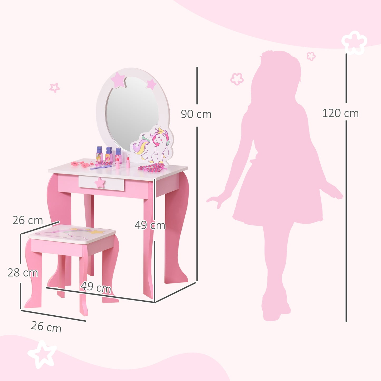 Girls Dressing Table with Mirror, Stool, Kids Dressing Table