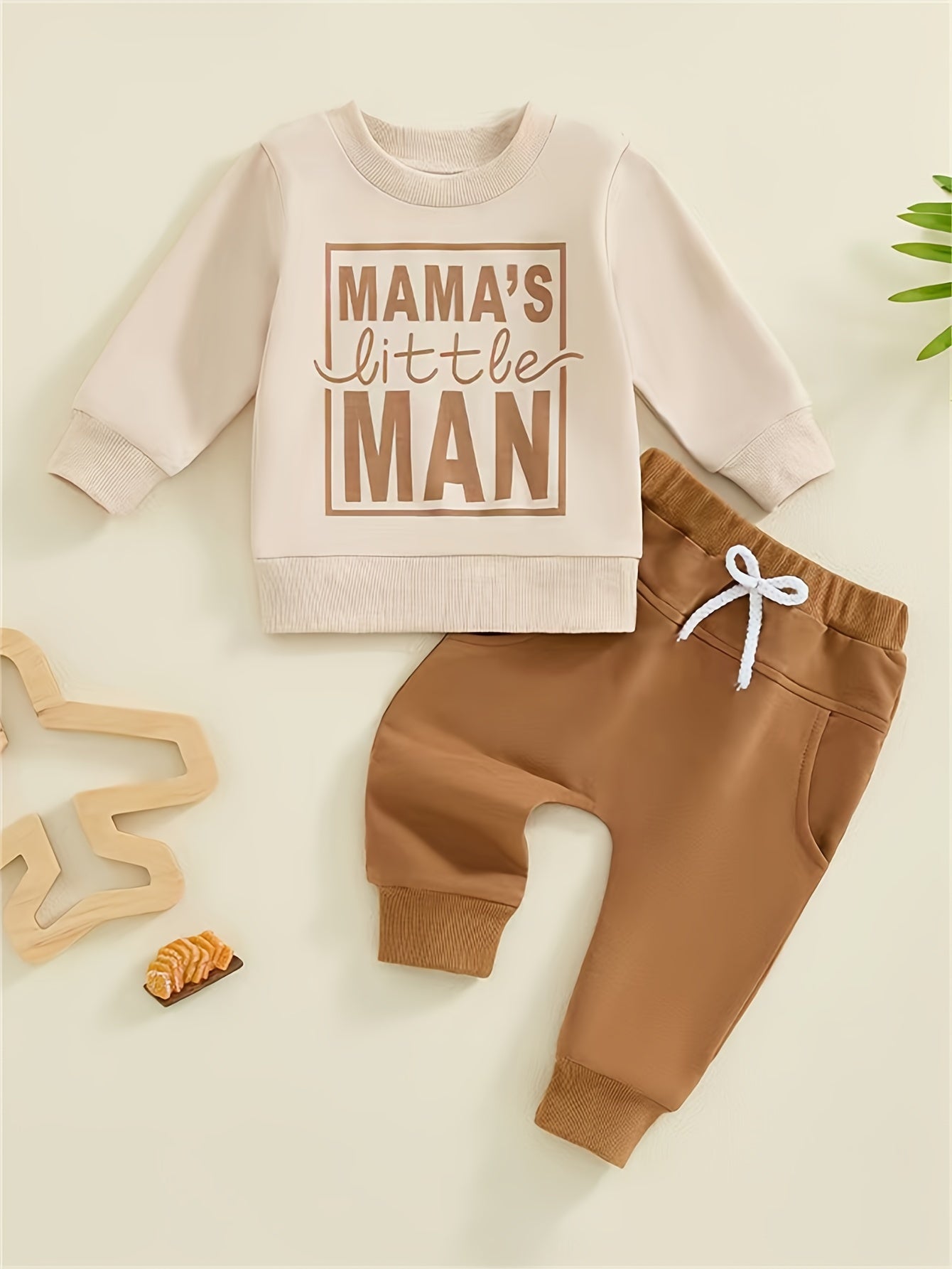 Baby's "Mama's Little Man" Print Sweatshirt & Casual Pants Outdoor Set