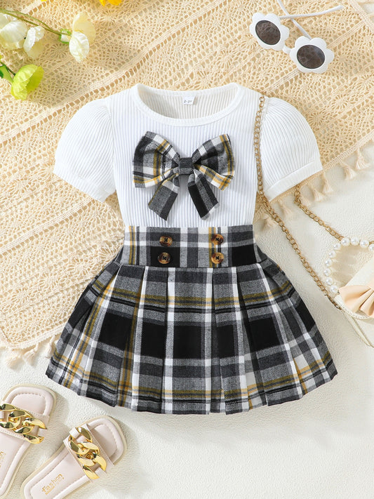 Little Girl's Plaid Bowknot Short Sleeve Top & dress