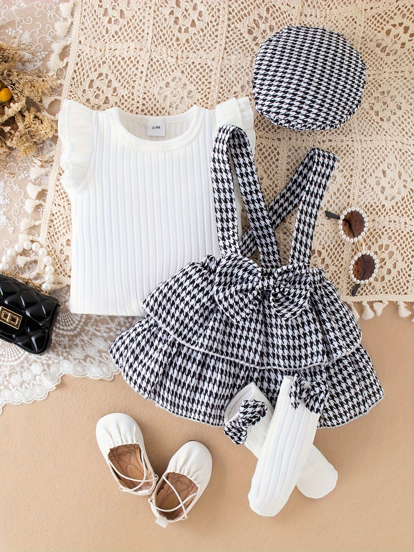 Baby's Stylish Houndstooth Pattern Cap Sleeve Ribbed Top & Overall Layered Skirt Set